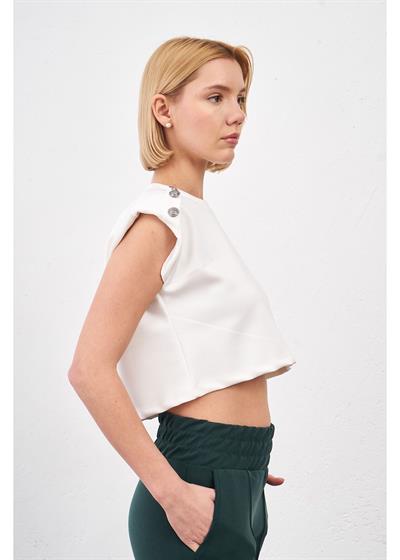 Düğmeli Sıfır Kol Modal Crop Bluz