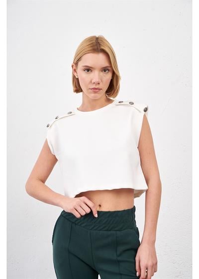 Düğmeli Sıfır Kol Modal Crop Bluz
