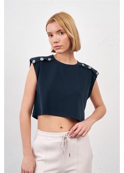 Düğmeli Sıfır Kol Modal Crop Bluz