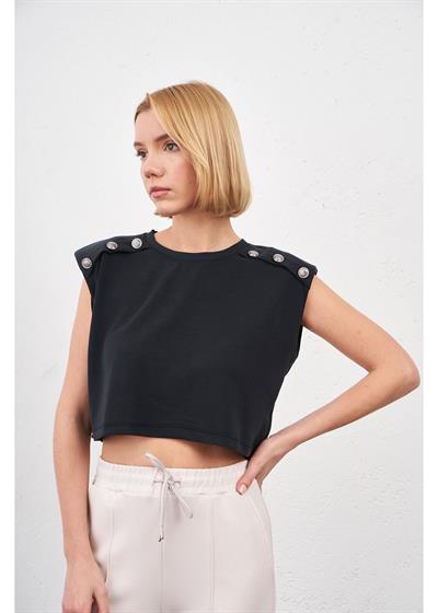 Düğmeli Sıfır Kol Modal Crop Bluz