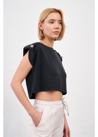Düğmeli Sıfır Kol Modal Crop Bluz