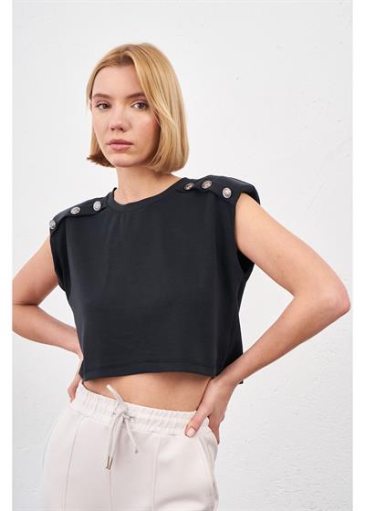 Düğmeli Sıfır Kol Modal Crop Bluz
