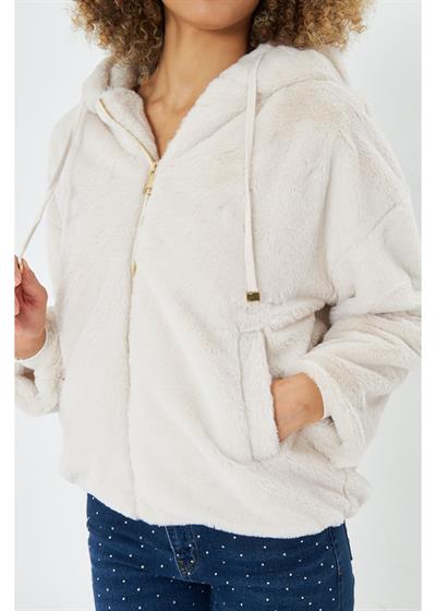 Etek Ucu Lastikli Kapüşonlu Peluş Mont 