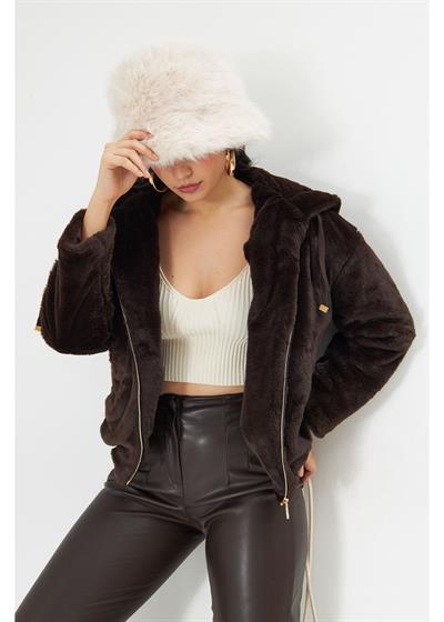 Etek Ucu Lastikli Kapüşonlu Peluş Mont