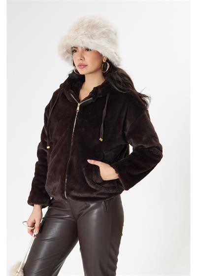 Etek Ucu Lastikli Kapüşonlu Peluş Mont