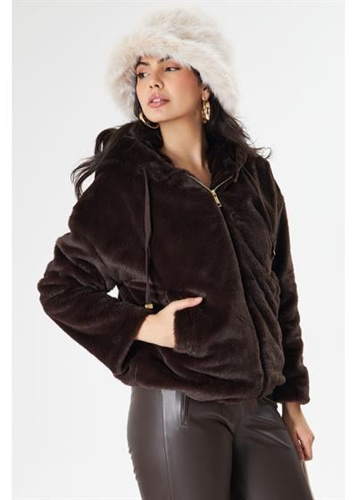 Etek Ucu Lastikli Kapüşonlu Peluş Mont