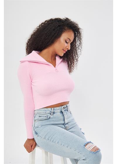 Fermuarlı Crop Triko Kazak 