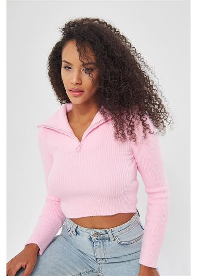 Fermuarlı Crop Triko Kazak 