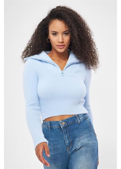 Fermuarlı Crop Triko Kazak 