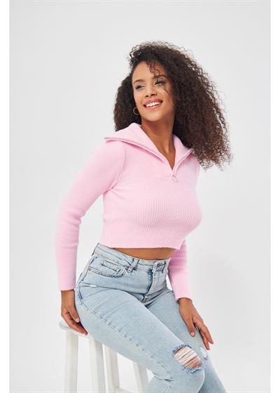 Fermuarlı Crop Triko Kazak 