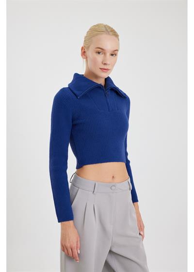 Fermuarlı Crop Triko Kazak