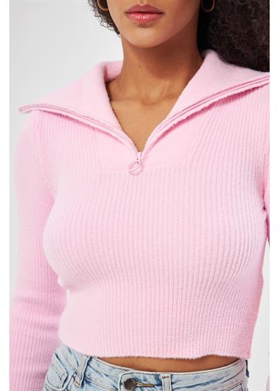 Fermuarlı Crop Triko Kazak 