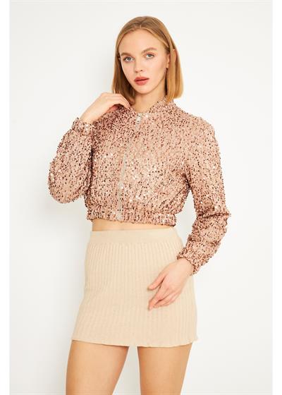 Fermuarlı Kadife Pul Payet Ceket 