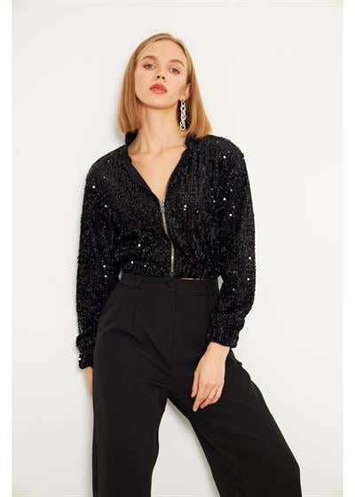 Fermuarlı Kadife Pul Payet Ceket 