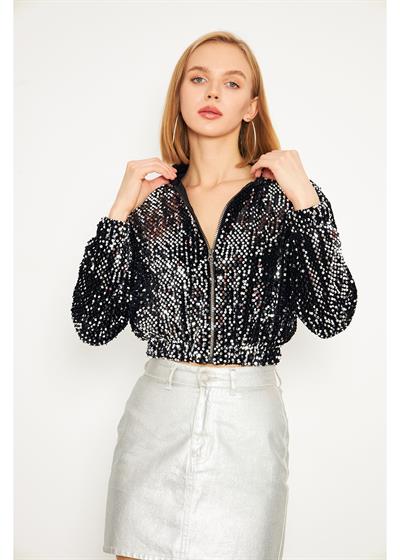 Fermuarlı Kadife Pul Payet Ceket 