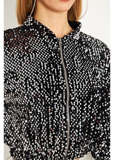 Fermuarlı Kadife Pul Payet Ceket 