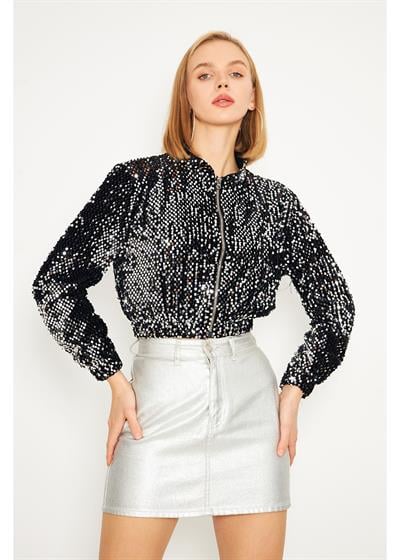 Fermuarlı Kadife Pul Payet Ceket 