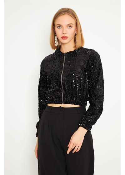 Fermuarlı Kadife Pul Payet Ceket 