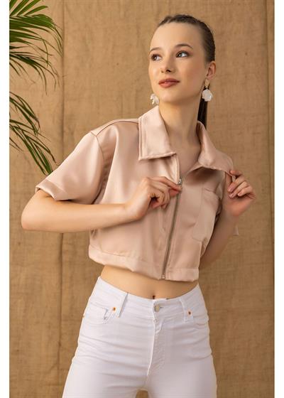 Fermuarlı Kısa Saten Gömlek 
