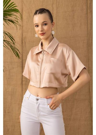 Fermuarlı Kısa Saten Gömlek 