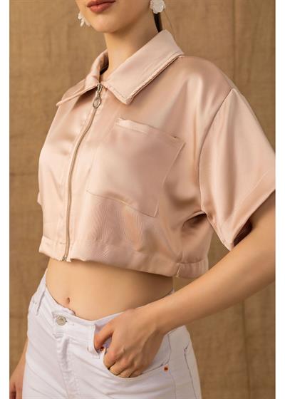 Fermuarlı Kısa Saten Gömlek 