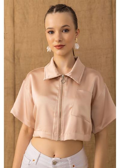 Fermuarlı Kısa Saten Gömlek 