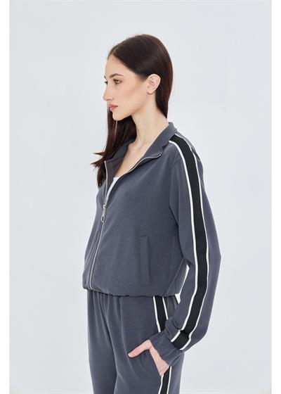Fermuarlı Şeritli Modal Sweatshirt 