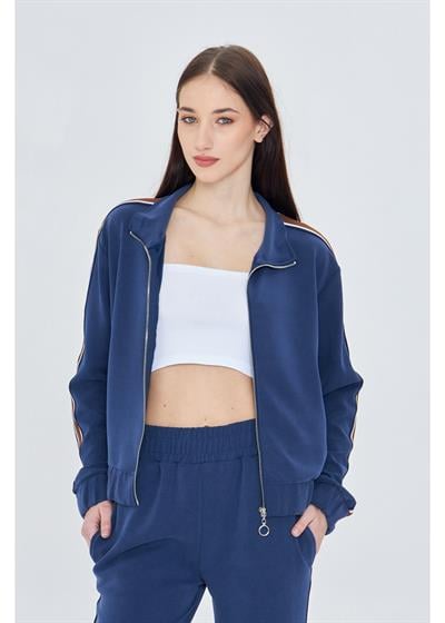 Fermuarlı Şeritli Modal Sweatshirt