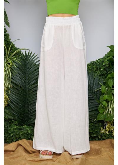 Geniş Kemerli Bol Paça Keten Görünümlü Pantolon