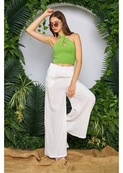 Geniş Kemerli Bol Paça Keten Görünümlü Pantolon