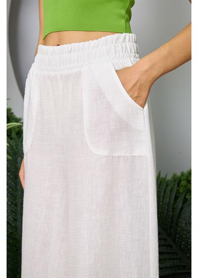 Geniş Kemerli Bol Paça Keten Görünümlü Pantolon