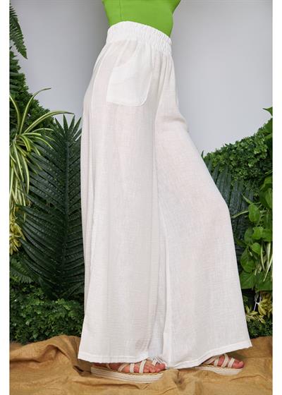 Geniş Kemerli Bol Paça Keten Görünümlü Pantolon