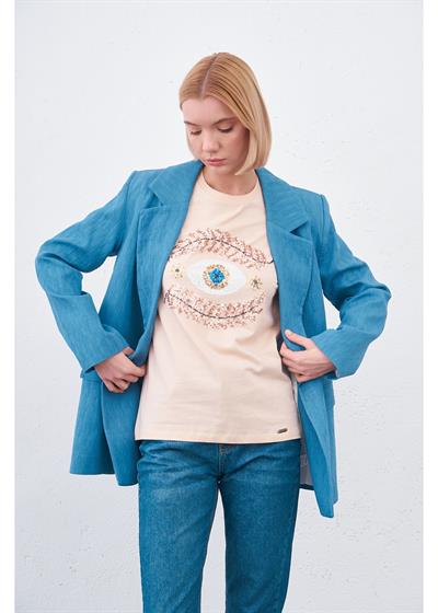 Göz Nakışlı Taşlı T-Shirt