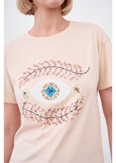 Göz Nakışlı Taşlı T-Shirt