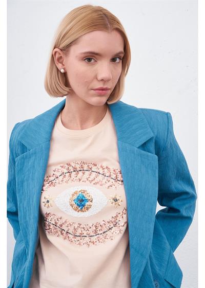 Göz Nakışlı Taşlı T-Shirt
