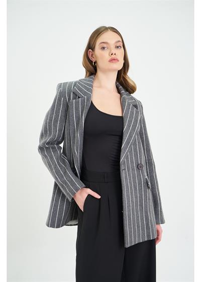 İnce Çizgili Kaşe Mont