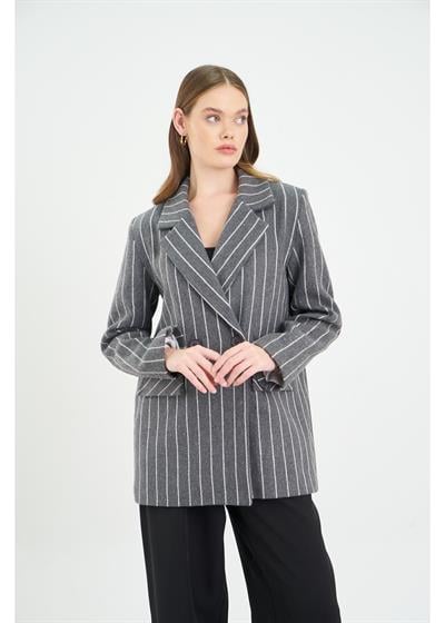 İnce Çizgili Kaşe Mont