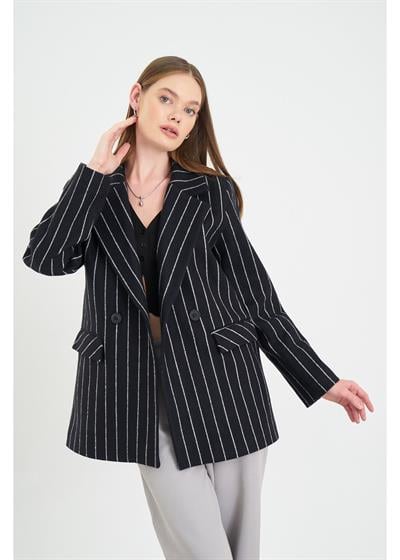 İnce Çizgili Kaşe Mont