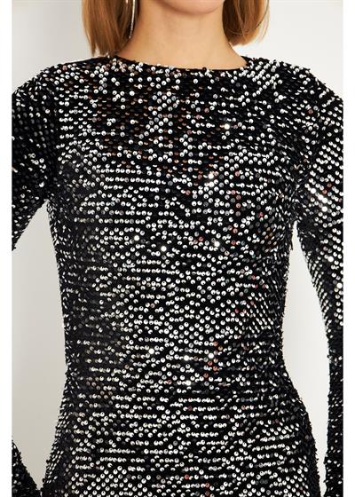 Kadife Gümüş Pul Payet Elbise 