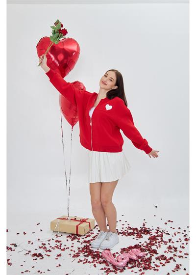 Kalp Baskılı Bomber Sweatshirt 