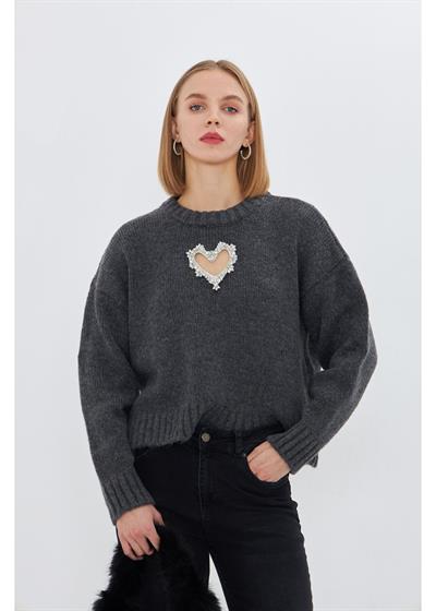 Kalp Detaylı Oversize Kazak 