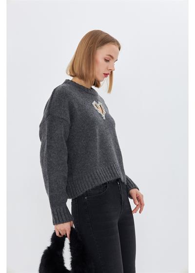 Kalp Detaylı Oversize Kazak 