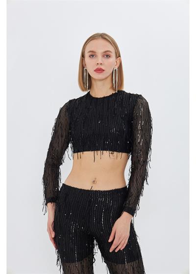 Kemer Detay Saçaklı Pul Payet Crop 