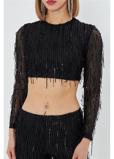 Kemer Detay Saçaklı Pul Payet Crop 