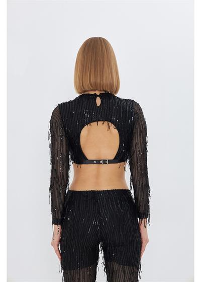 Kemer Detay Saçaklı Pul Payet Crop 