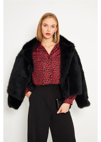 Kırmızı Leopar Desenli Kısa Saten Gömlek 