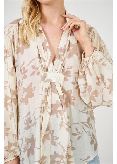 Kolları Büzgülü Yaprak Desen Gömlek 