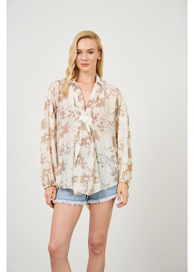 Kolları Büzgülü Yaprak Desen Gömlek 