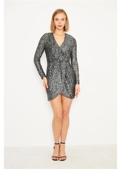 Kruvaze Yaka Gümüş Pul Payet Elbise 