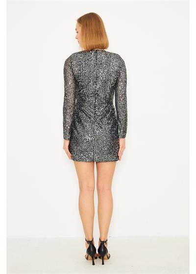 Kruvaze Yaka Gümüş Pul Payet Elbise 